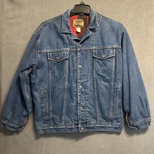 VTG Gap‎ Denim Jacket Buffalo Plaid Flannel Lined Mens Size M Blue Jean Trucker